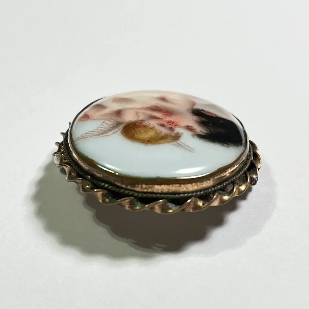 VTG Porcelain Brooch Cupid Kiss Portrait Art Gold Tone Bezel Frame Pin Ceramic